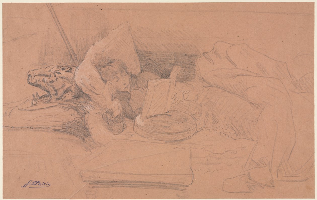 Sarah Bernhardt liggend op een divan, lezend, ca. 1885-1890 door Georges Jules Victor Clairin