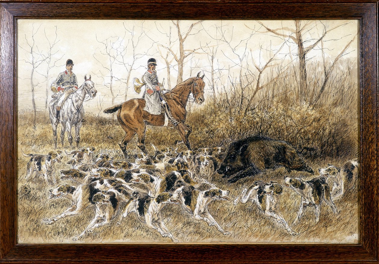 Rond een wild zwijn in een jacht - tekening door Georges La Roque, circa 1900 door Georges La Roque