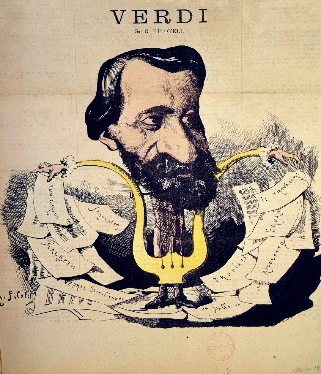 Cartoon van de componist Giuseppe Verdi door Pilotell, maart 1869. Conservatoire National de Musique, Parijs door Georges Labadie Pilotell