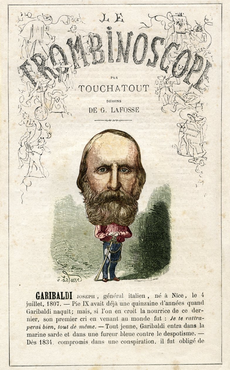 Giuseppe GARIBALDI (1807-1882) illustratie uit "Le Trombinoscope", een satirisch politiek tijdschrift van Leon-Charles Bienvenu, bekend als Touchatout (1835-1910) monografie N. 20, imprimerie Vallee, Parijs door Georges Lafosse