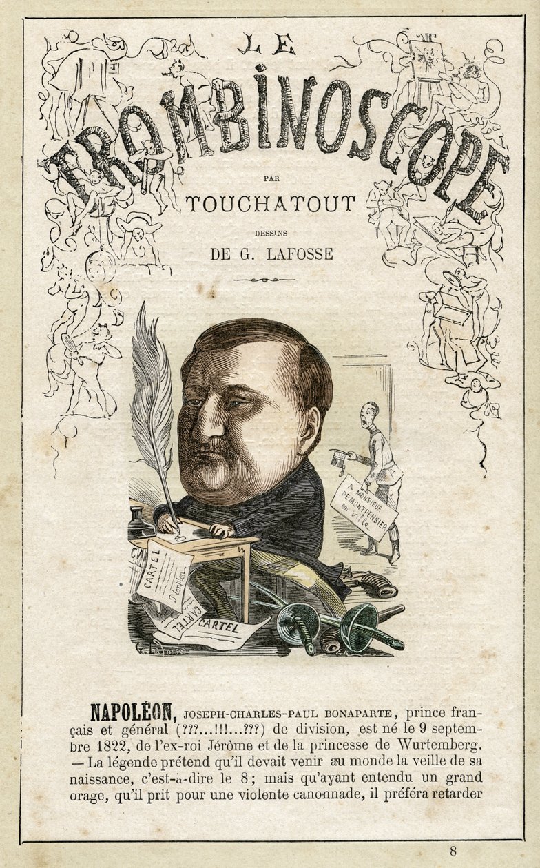 Napoleon Jerome (Napoleon-Jerome) Bonaparte . illustratie uit "Le Trombinoscope", een satirisch politiek tijdschrift van Leon-Charles Bienvenu, bekend als Touchatout (1835-1910) monografie N. 8, Parijs door Georges Lafosse