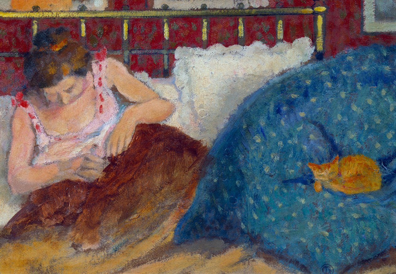 In bed of vrouw met kat door Georges Lemmen