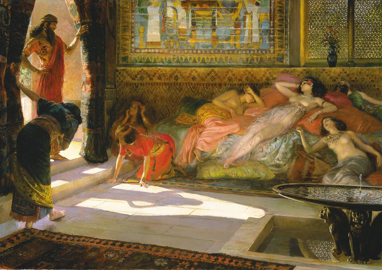 Nieuwe aankomst in de harem, Thebe, 18e dynastie door Georges Marie Rochegrosse