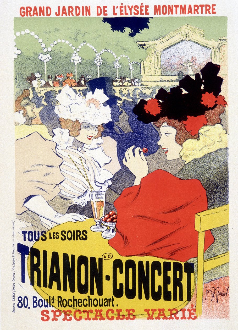 Trianon concert, dagelijkse show in de grote tuin van de Elysee Montmartre in Parijs. Poster door Georges Meunier door Georges Meunier