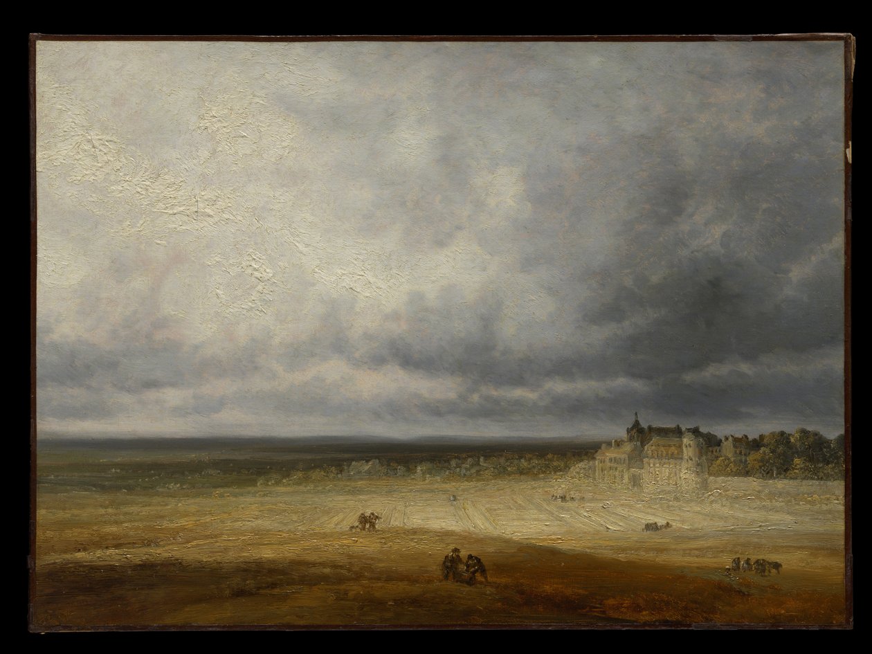 Landschap met een omgeploegd veld en een dorp door Georges Michel