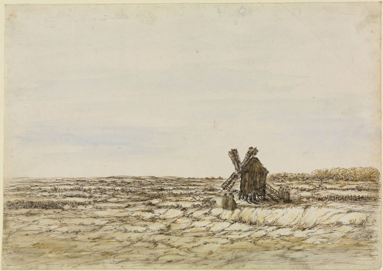 Windmolen in een uitgestrekt braakliggend veld door Georges Michel