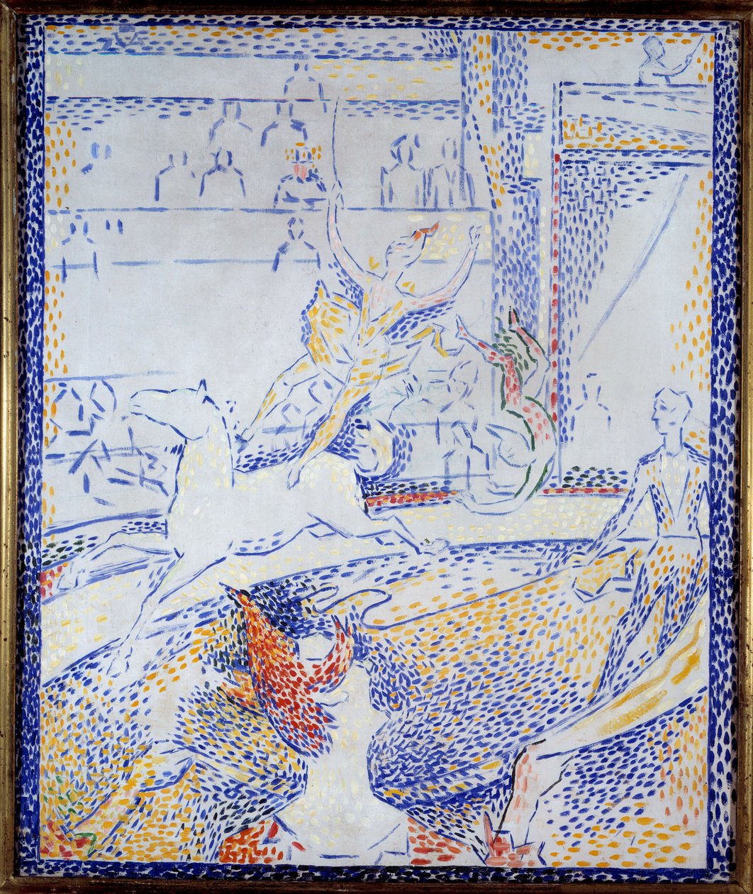 Circus. Een danseres doet een acrobatisch nummer te paard en een clown. Schets door Georges Seurat (1859-1891) 1891 door Georges Pierre Seurat