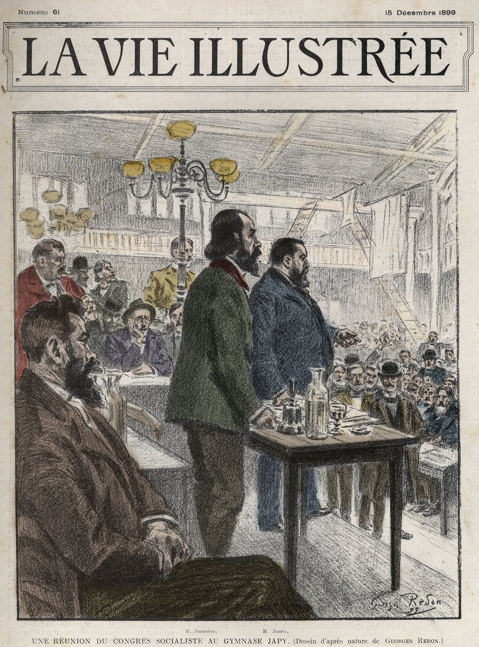 Algemeen Congres van Socialistische Organisaties, gehouden in Parijs in december 1899, in het Gymnasium Japy - Jean Jaures (1859-1914) en Eugene Fournier (1857-1914) tekening door Georges Redon - la vie illustree van 1899 door Georges Redon
