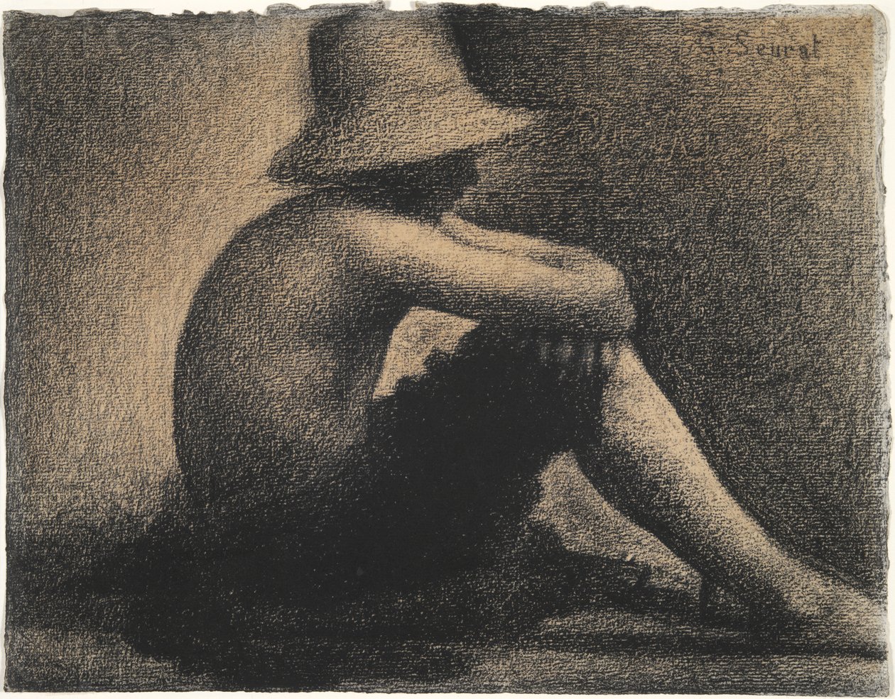 Zittende jongen met strohoed, studie voor Baders in Asnières door Georges Seurat