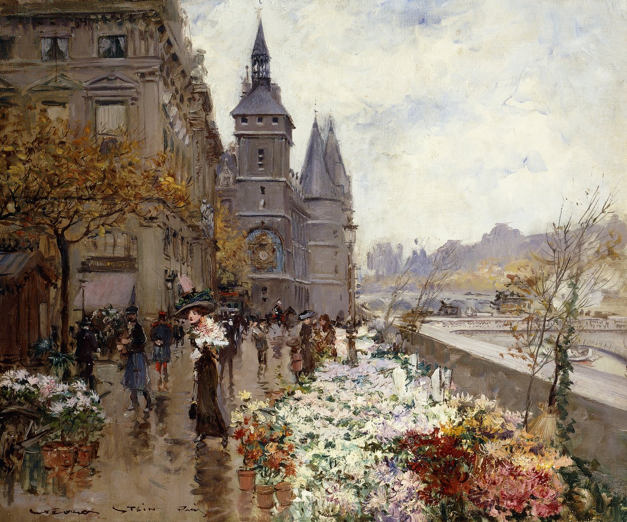 Een bloemenmarkt langs de Seine door Georges Stein