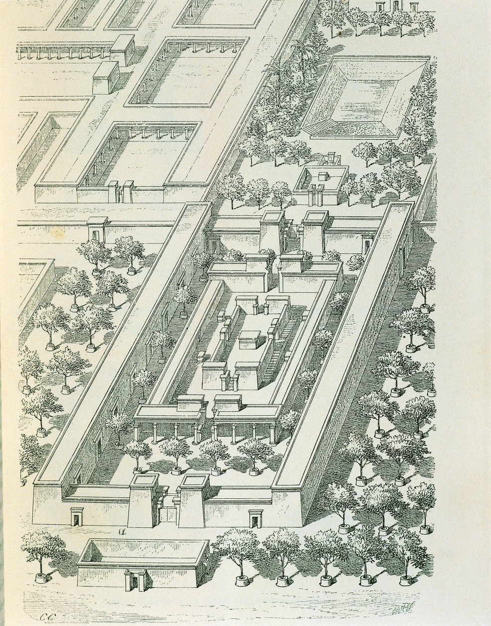 Ets die een perspectivisch uitzicht van een gebouw in Tell el-Amarna afbeeldt door Georges Perrot (1832-1914) en Charles Chipiez (1835-1901) door Georges and Chipiez Charles Perrot