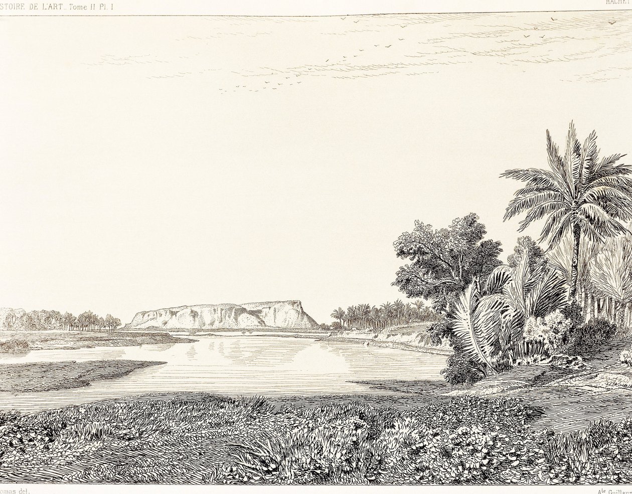 Irak, uitzicht op Babylon, tekening door F. Thomas uit gravure door Georges Perrot en Charles Chipiez, Histoire de l