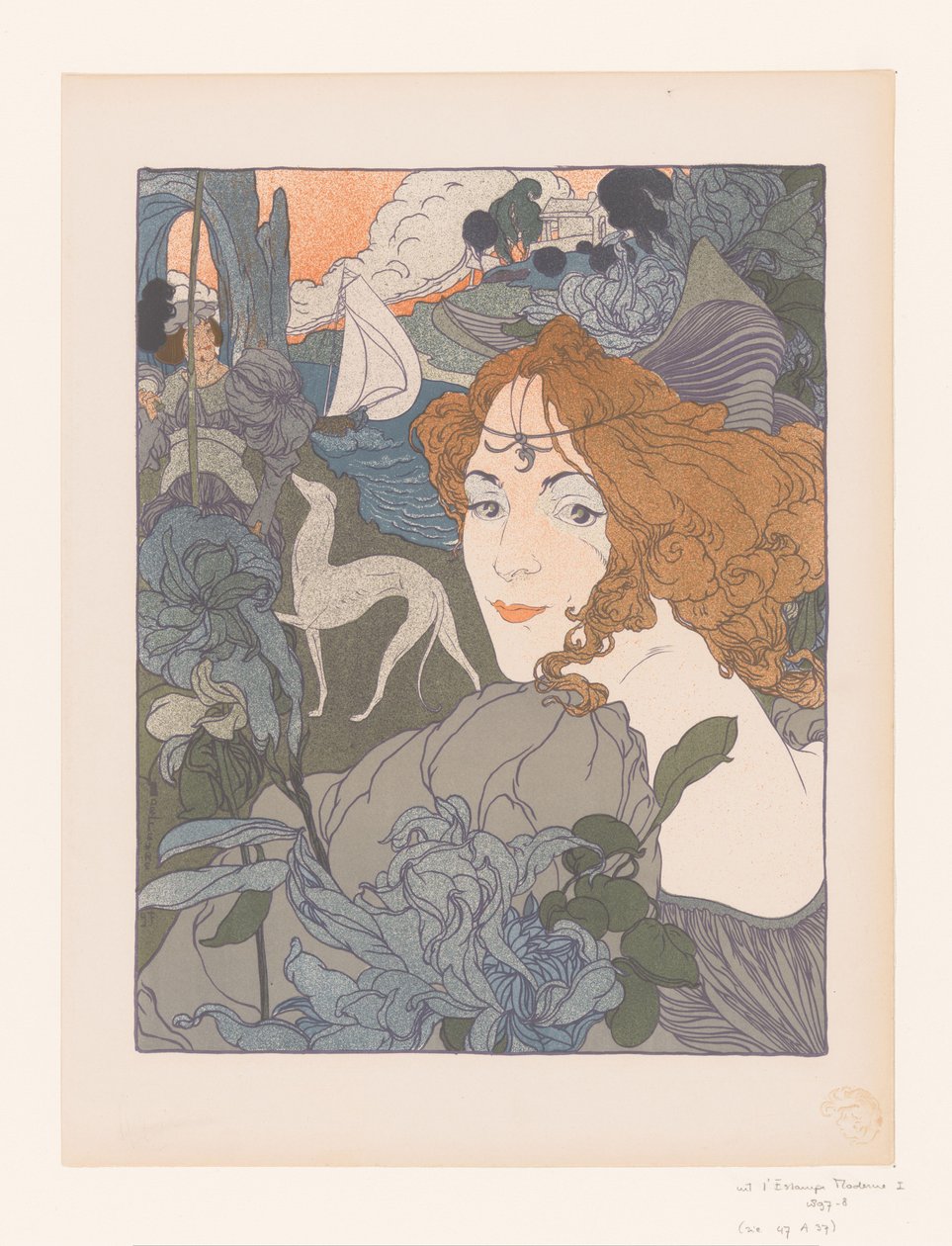 Dame met edelman en hazewindhond bij een rivier door Georges de Feure