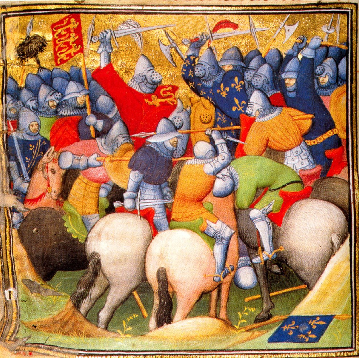 Engelsen vechten tegen Franse ridders tijdens de Slag bij Crécy in 1346, Grandes Chroniques de France, 1415 (26228020225) door Georgia Levan Ramishvili from Tbilisi