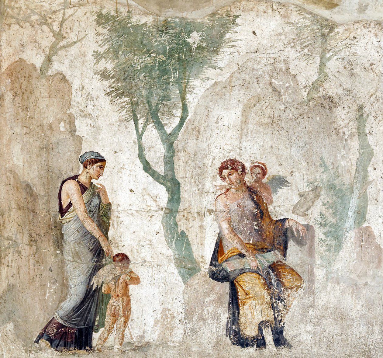 Eros door Peitho naar Aphrodite gebracht terwijl Anteros lacht omdat hij gestraft wordt omdat hij het verkeerde doelwit heeft gekozen, Pompeïaans fresco, circa 25 v. Chr. (28298194699) door Georgia Levan Ramishvili from Tbilisi