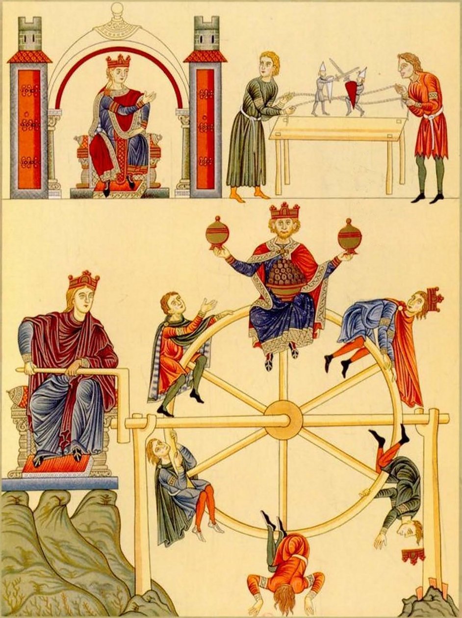Vechtende ridderpoppen  rad van fortuin uit Hortus Deliciarum van Herrad van Landsberg, 1167-85 (27665671887) door Georgia Levan Ramishvili from Tbilisi