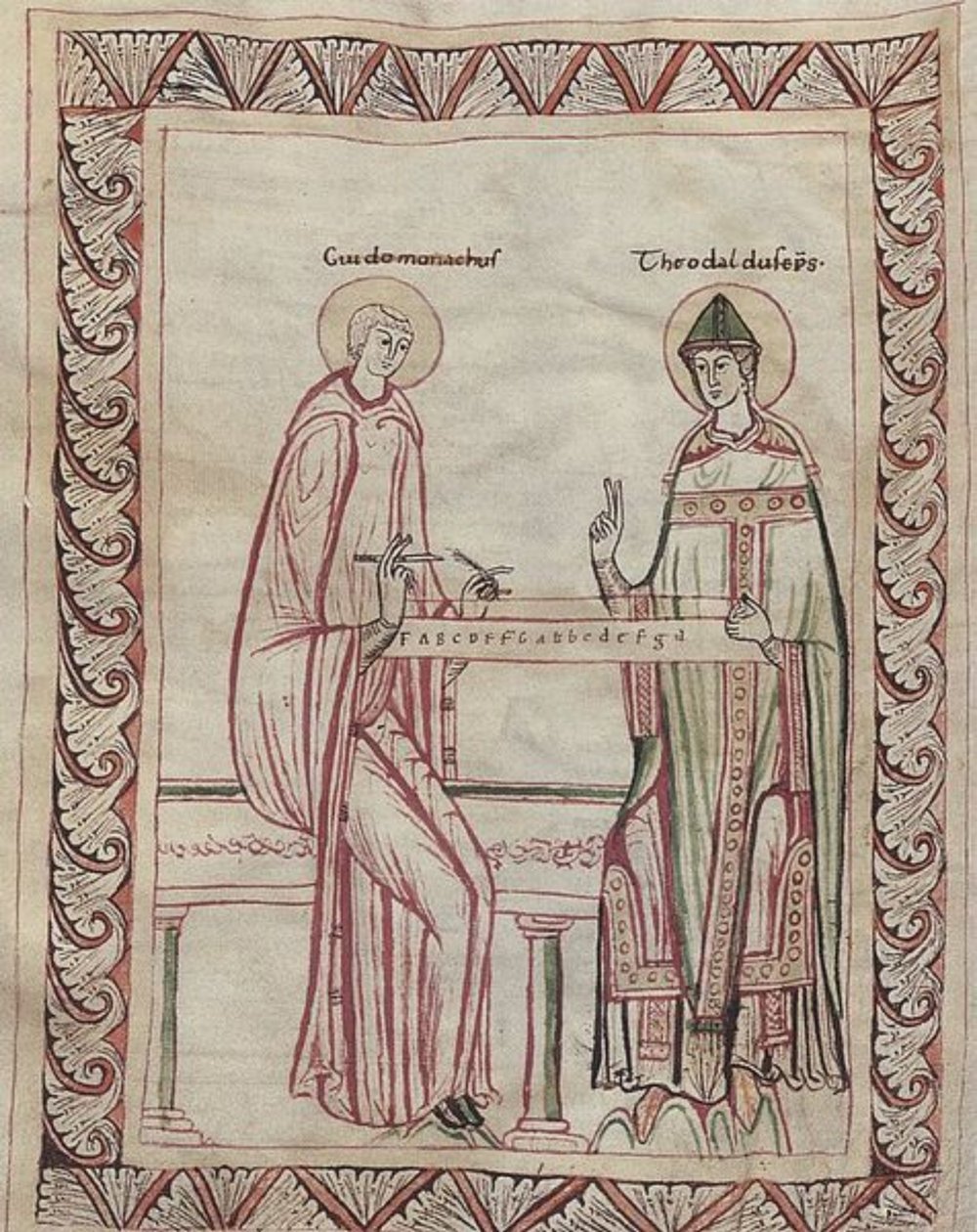 Guido van Arezzo en bisschop Tedald werken aan een monochord, 11e eeuwse miniatuur (21954743795) door Georgia Levan Ramishvili from Tbilisi