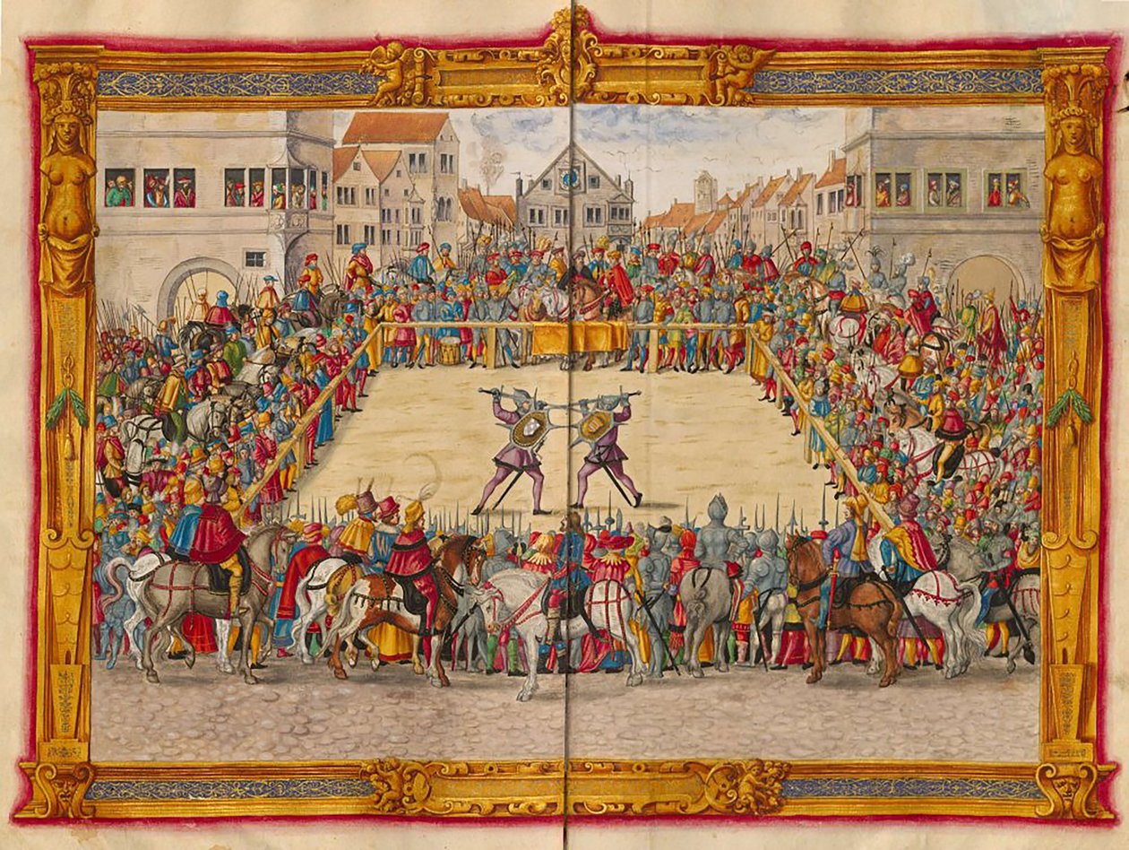 Maarschalk Wilhelm von Dornsberg en Theodor Haschenacker duelleren op de wijnmarkt van Augsburg, uit Fechtbucher van Jörg Breu de Jonge, ca. 1544 (48108343966) door Georgia Levan Ramishvili from Tbilisi