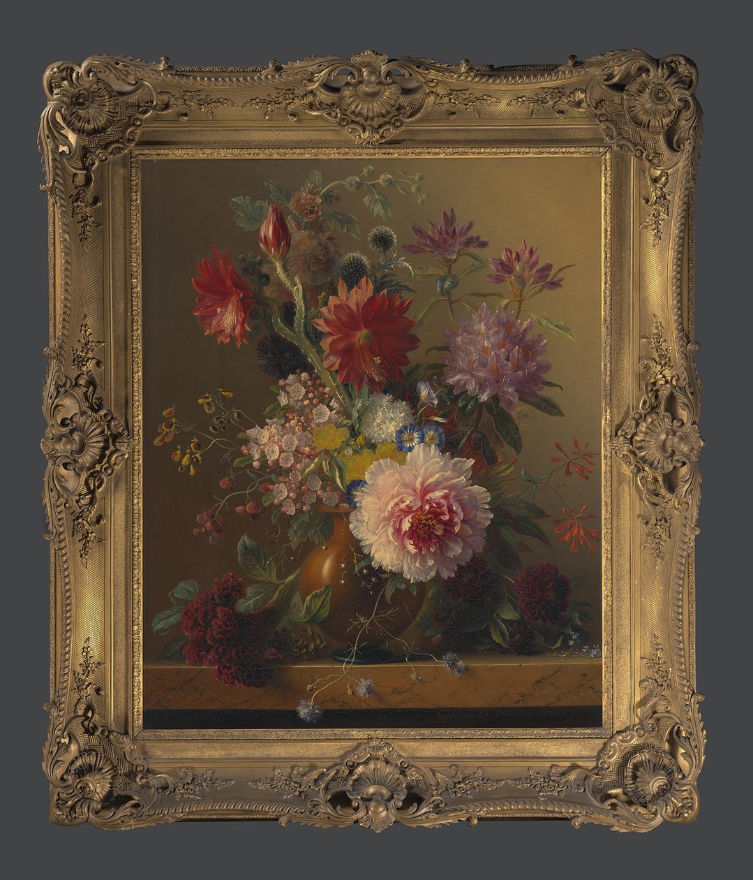 Bloemstuk met pioenroos door Georgius Jacobus Johannes van Os