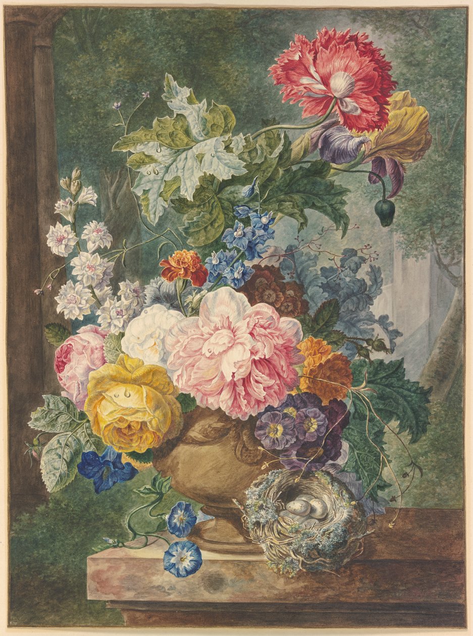 Boeket bloemen in een vaas met een vogelnest door Georgius Jacobus Johannes van Os