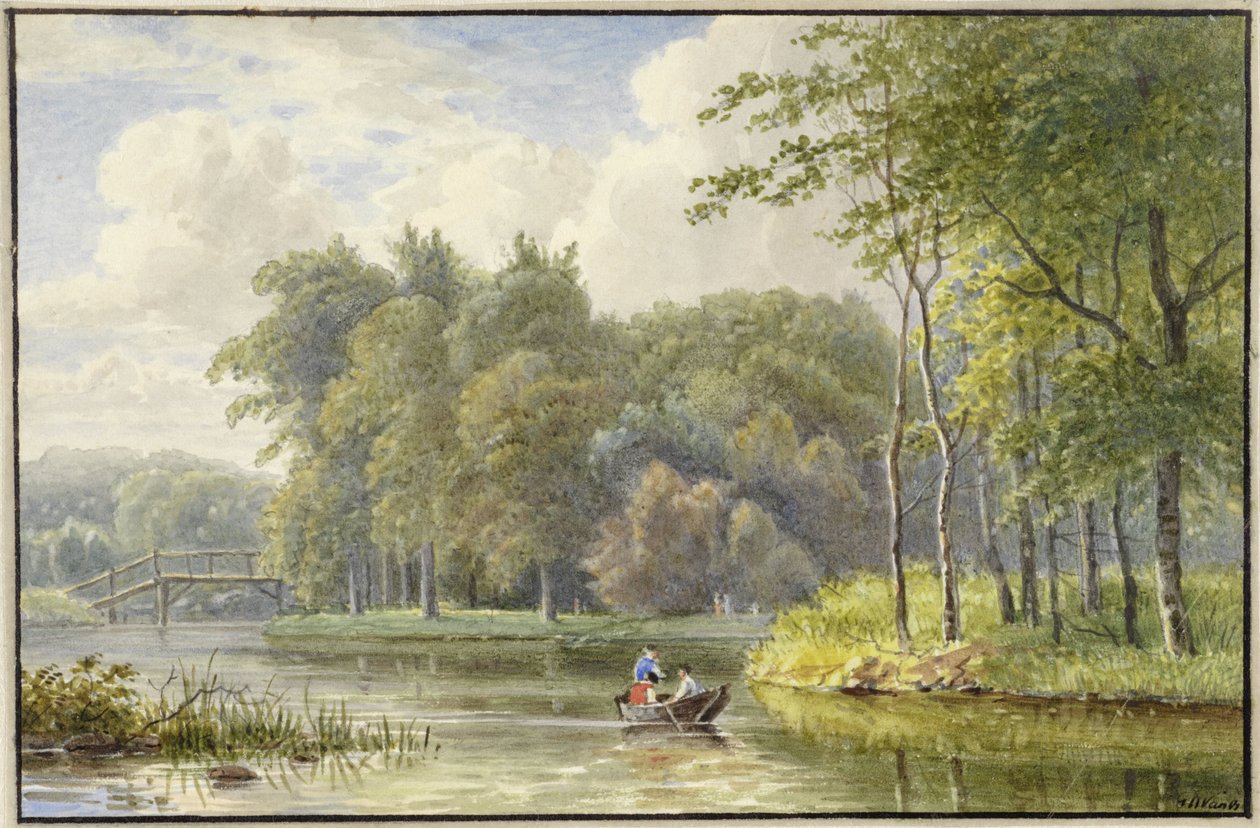 Landschap met figuren in een roeibootje door Georgius Jacobus Johannes van Os