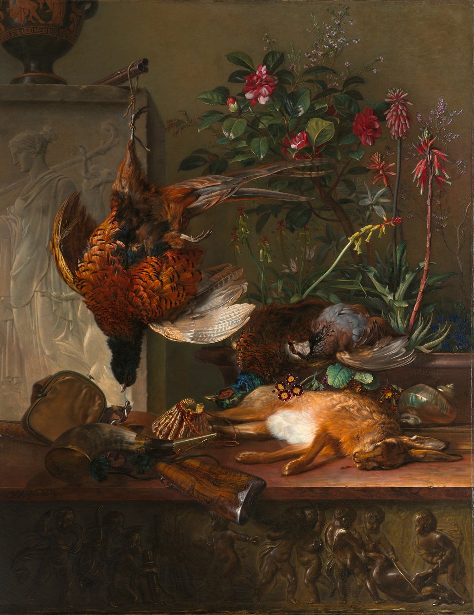 Stilleven met wild en een Griekse stele: allegorie van de herfst door Georgius Jacobus Johannes van Os