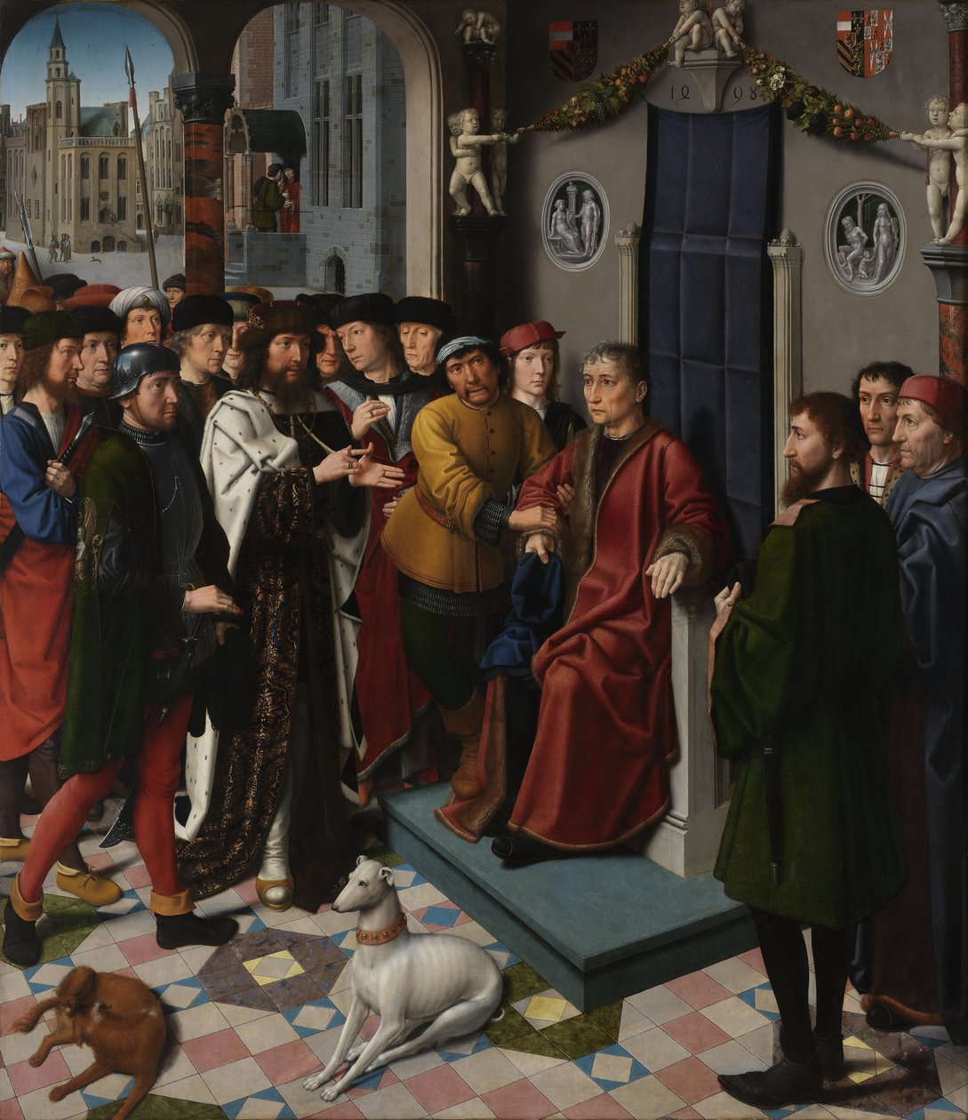 Rechtvaardigheidsdiptiek voor de Raadzaal van het Stadhuis van Brugge. Paneel 1 - De gevangenneming van de corrupte rechter Sisamnes door Gerard David