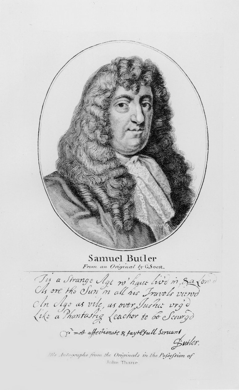 Portret van Samuel Butler (1612-80) met een voorbeeld van zijn handschrift door Gerard Soest
