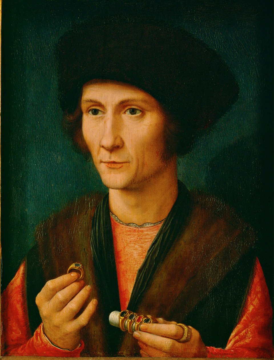 Een goudsmid, misschien Jacques Cnoop, schoonvader van Gerard David ... (olieverf op eikenhout) door Gerard David