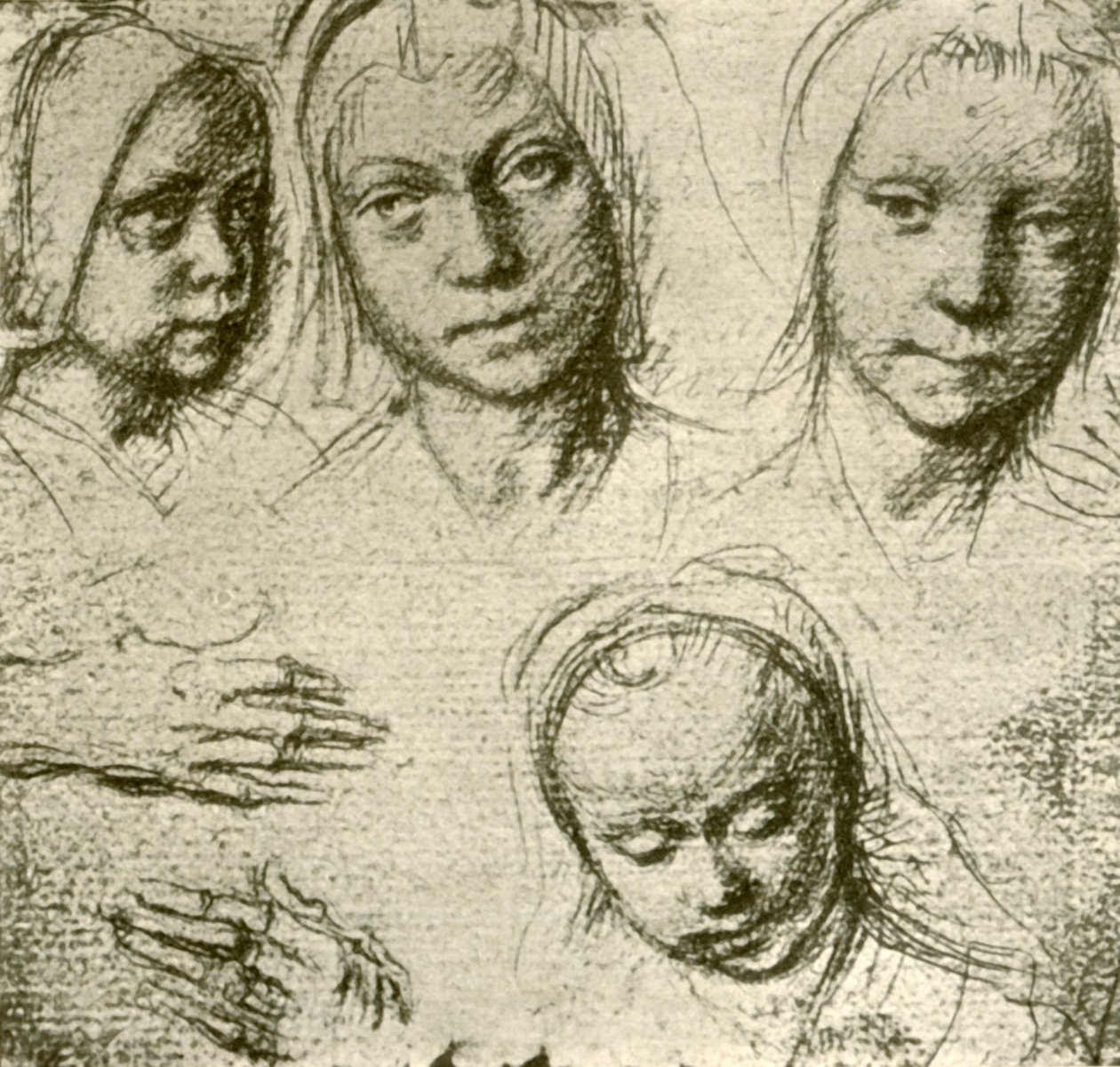 Vier Hoofden van een Jong Meisje en Twee Handen door Gerard David