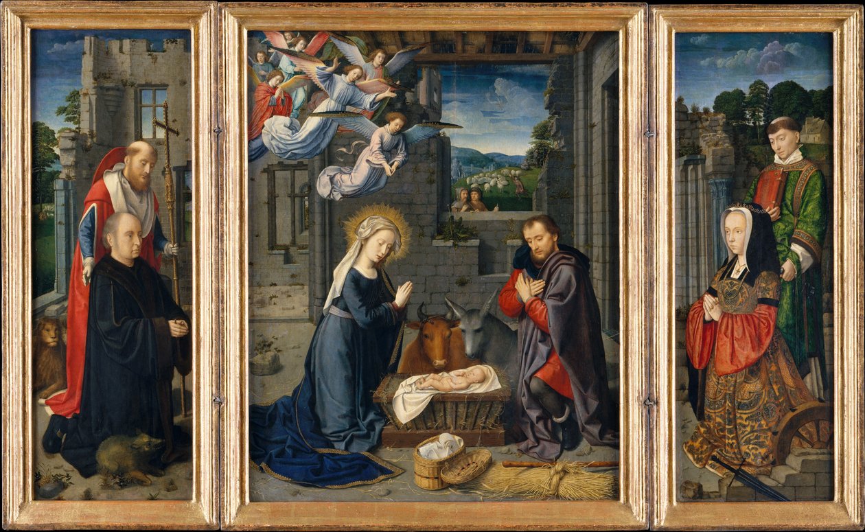 De Geboorte met Schenkers en Heiligen Hiëronymus en Leonardus, ca. 1510-15 door Gerard David