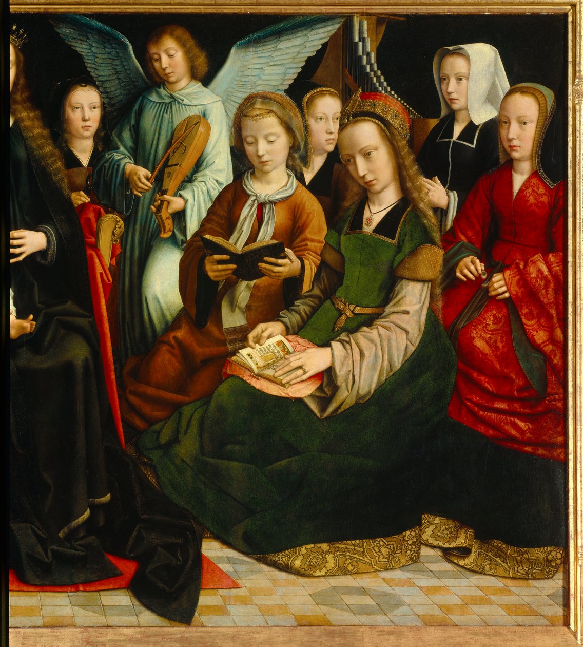 De Maagd tussen de heiligen (detail van de heiligen: Sint Apolline, Sint Godeline, Sint Cecile, Sint Barbe, Sint Lucia) door Gerard David