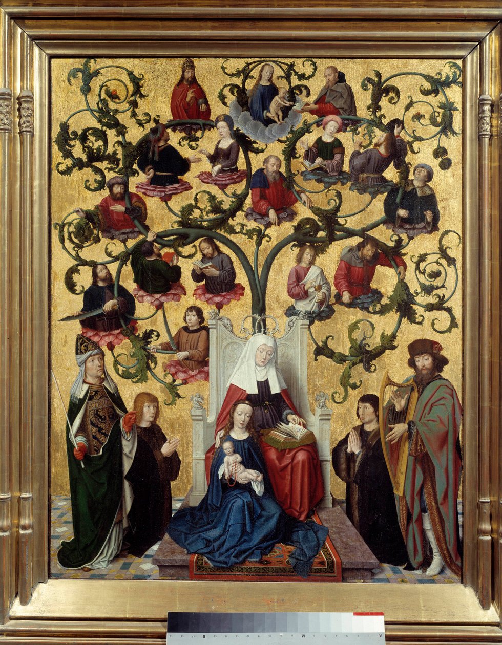 De lijn van Sint-Anna Weergave van de stamboom van Sint-Anna, moeder van Maria. Schilderij op hout door Gerard David (1460-1523). 1483. Zon. 0,88 x 0,69 Lyon, Musee des Beaux Arts door Gerard David
