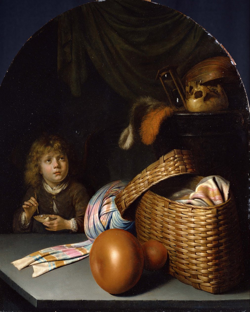 Stilleven met een Jongen die Zeepbellen Blaast, ca. 1635 door Gerrit Dou