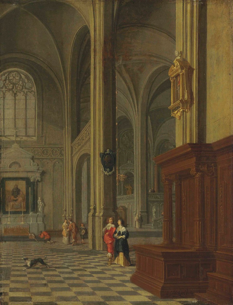 Duits: Inneres einer Kirche Een gotisch kerkinterieur met elegante figuren door Gerard Houckgeest