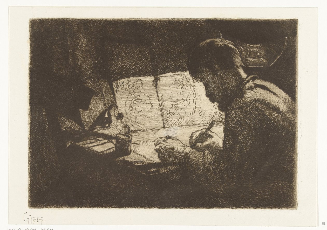 Zelfportret achter de tekentafel door Gerard Jan Bos (signed by artist)
