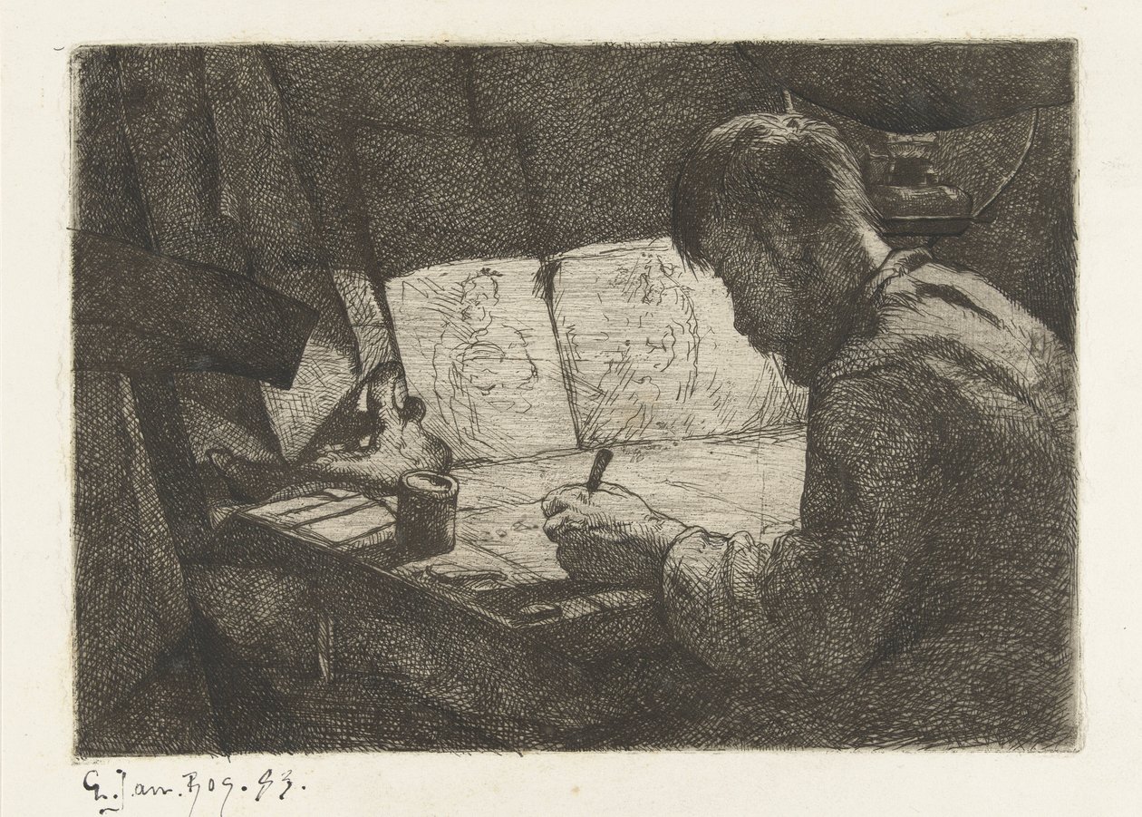 Zelfportret achter de tekentafel door Gerard Jan Bos (signed by artist)