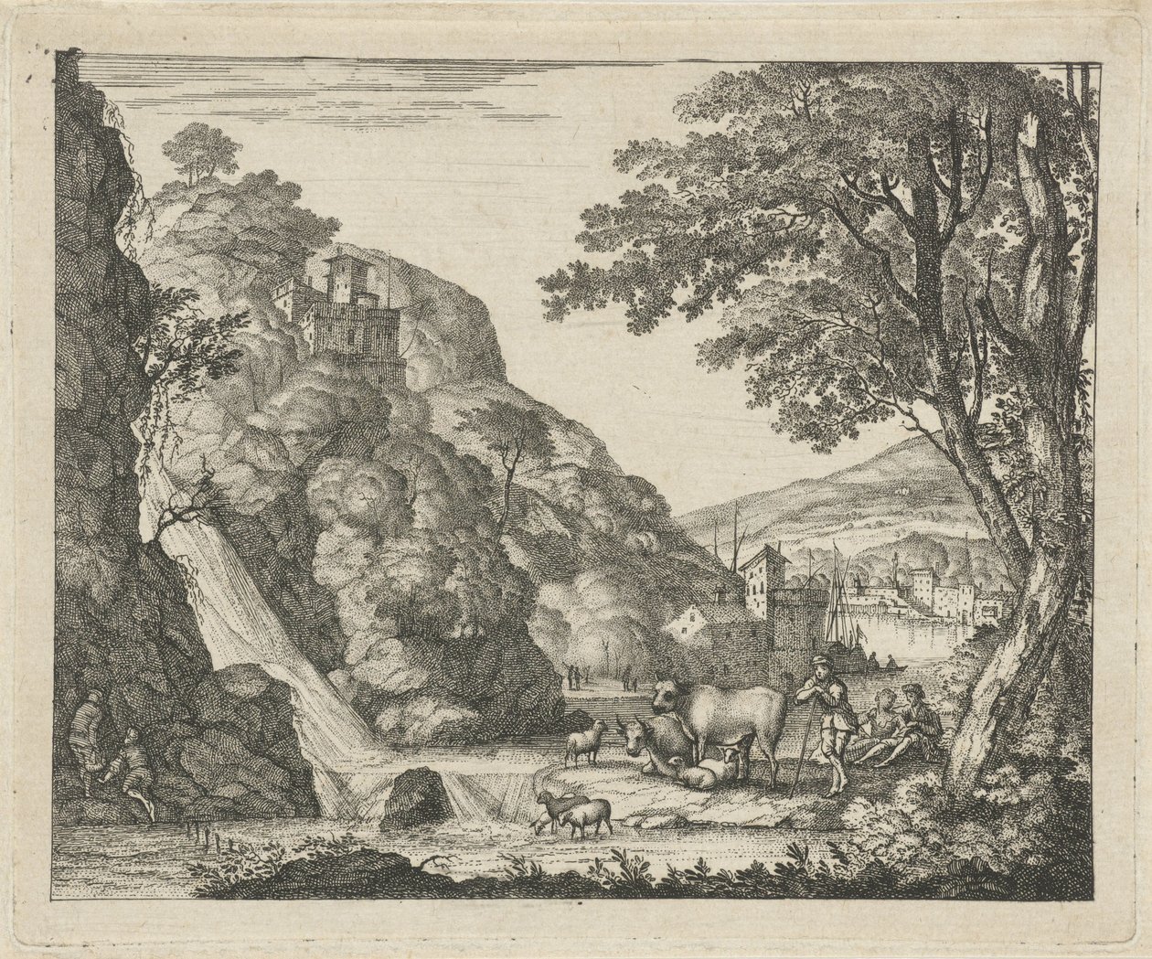 Herder met dieren bij een waterval door Gerard Melder