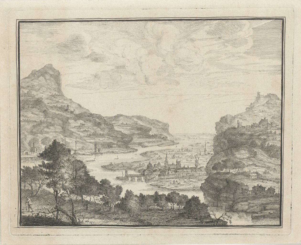 Rivierlandschap met gezicht op een stad door Gerard Melder