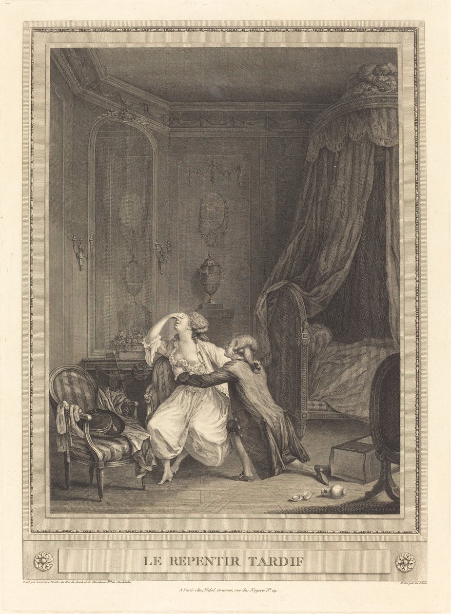 De late berouw door Gerard Rene Le Vilain after Nicolas Lavreince