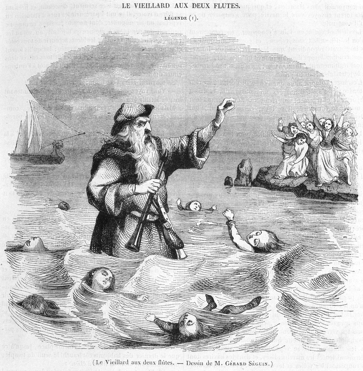 De oude man met twee fluiten. Tekening door Gérard Séguin door Gerard Seguin