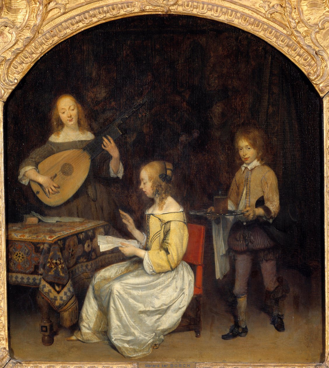 Het concert: zanger en speler van Luit Theorbe. Schilderij door Gerard Ter Borch (1617-1681), Nederlandse school door Gerard ter Borch