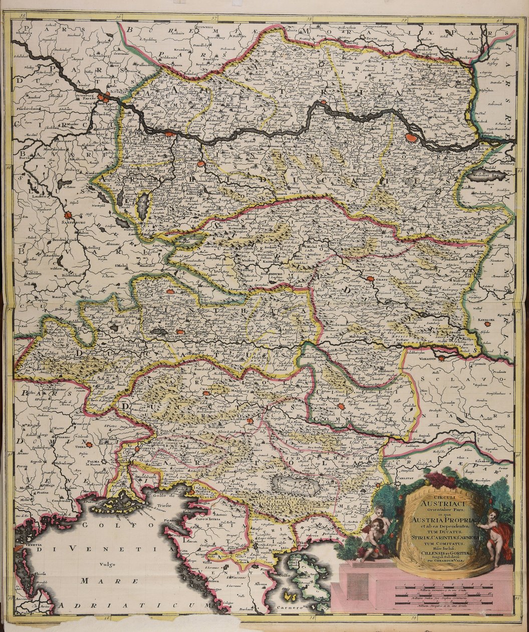 Circuli Austriaci orientalior pars in qua Austria propria et ab ea dependentes tum ducatus Stiriae, Carintiae, Carniolae tum comitatus hisce inclusi Cillensis et Goritiae singuli subdivisi door Gerard Valck