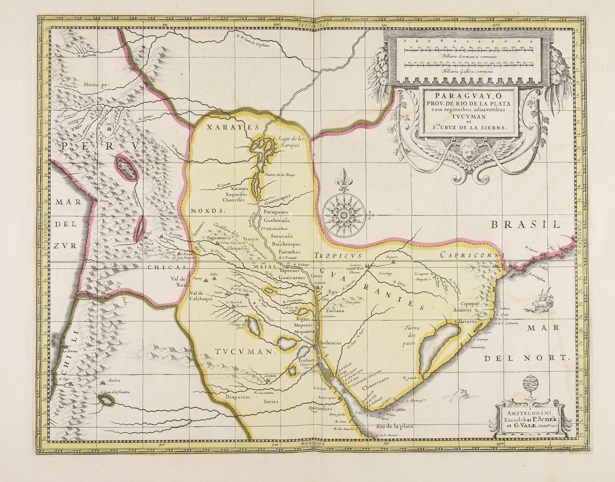 Paraguayo prov. de Rio de la Plata cum regionibus adiacentibus Tucuman et S.ta Cruz de la Sierra door Gerard Valck
