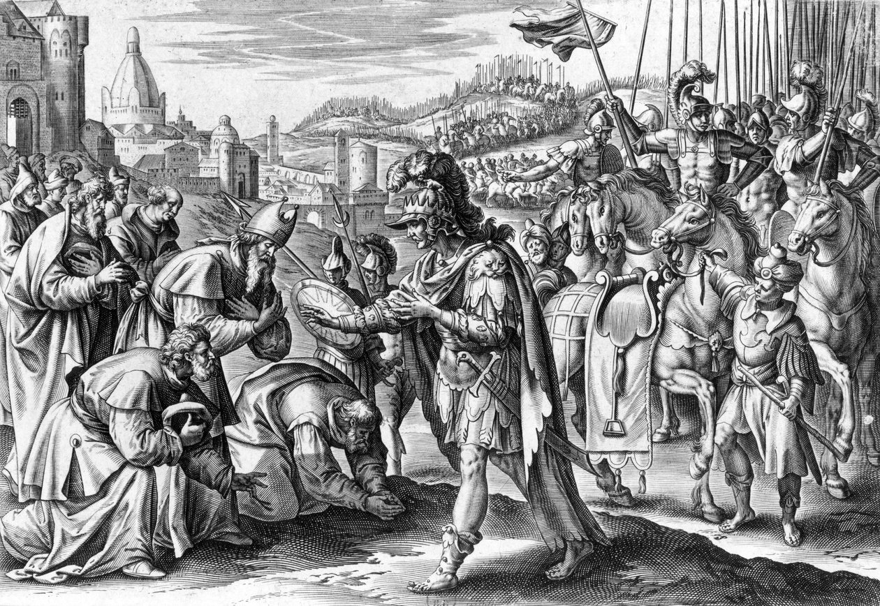 Saint Loup, bisschop van Troyes ontmoet Attila (gravure) door Gerard de Jode