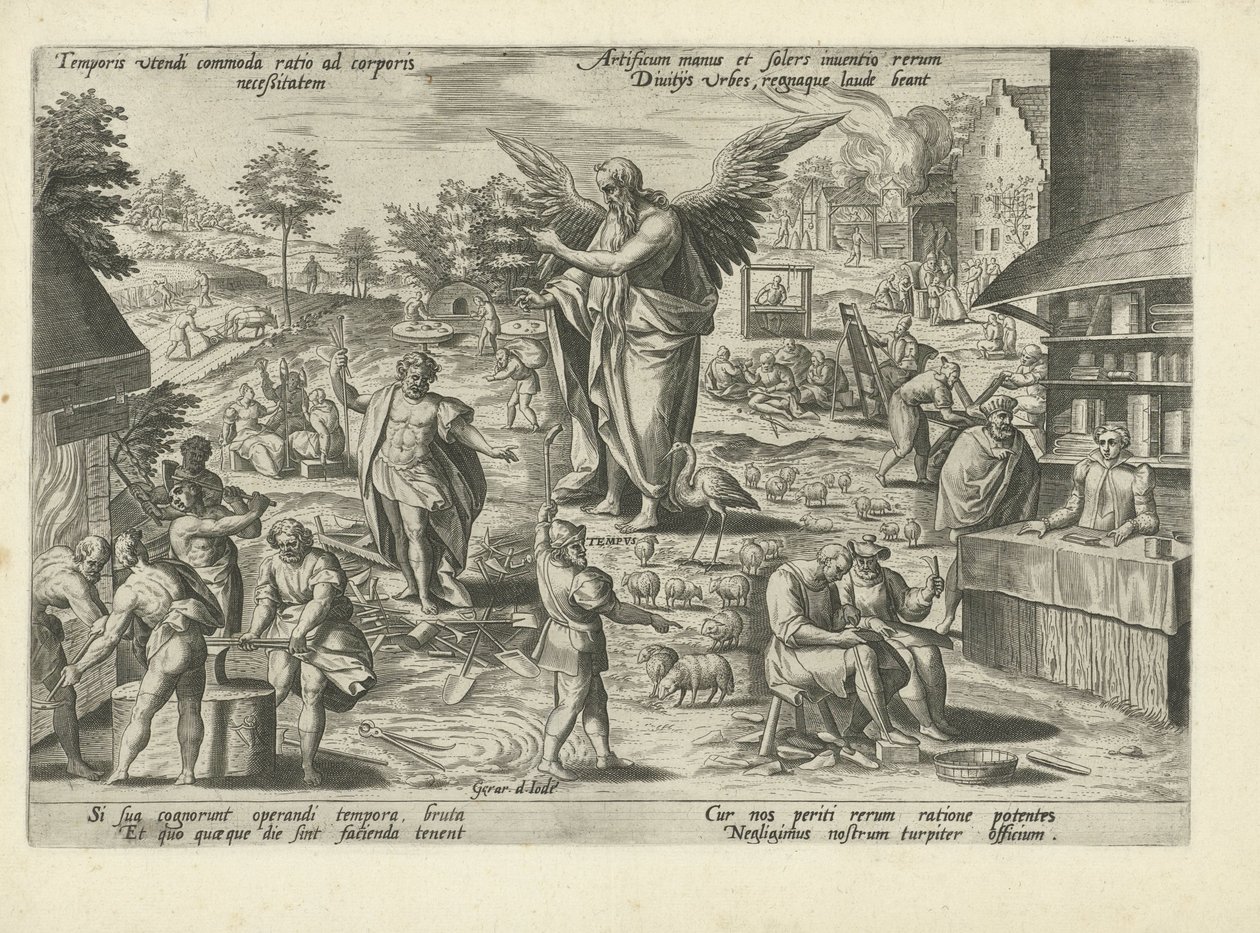 Vader Tijd te midden van scènes met beroepen en bedrijvigheden van de mens Moraliserende allegorieën op de tijd door Gerard de Jode