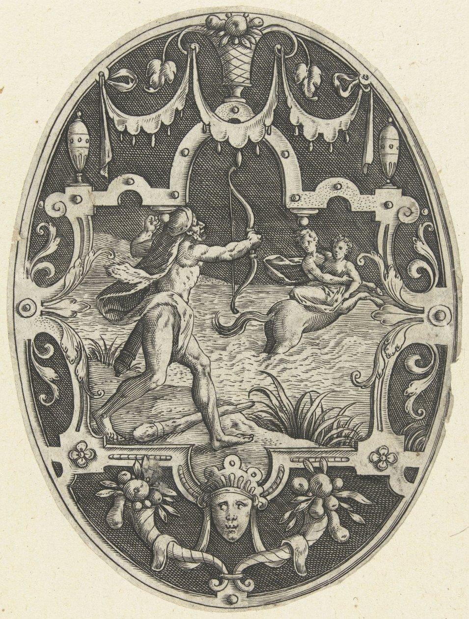 Hercules schiet de centaur Nessus neer die Deianira probeert te schaken door Gerard de Jode