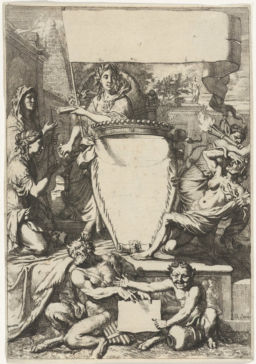 Cartouche omgeven door allegorische figuren door Gerard de Lairesse