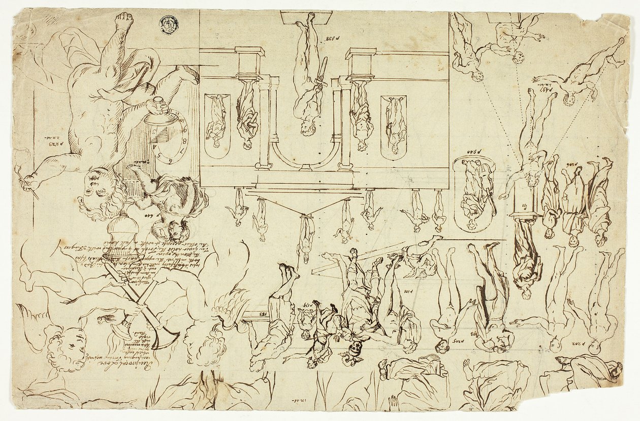 Kopieën naar illustraties van standbeelden en schilderijen (recto); maten voor het skelet van een man (verso) door Gerard de Lairesse