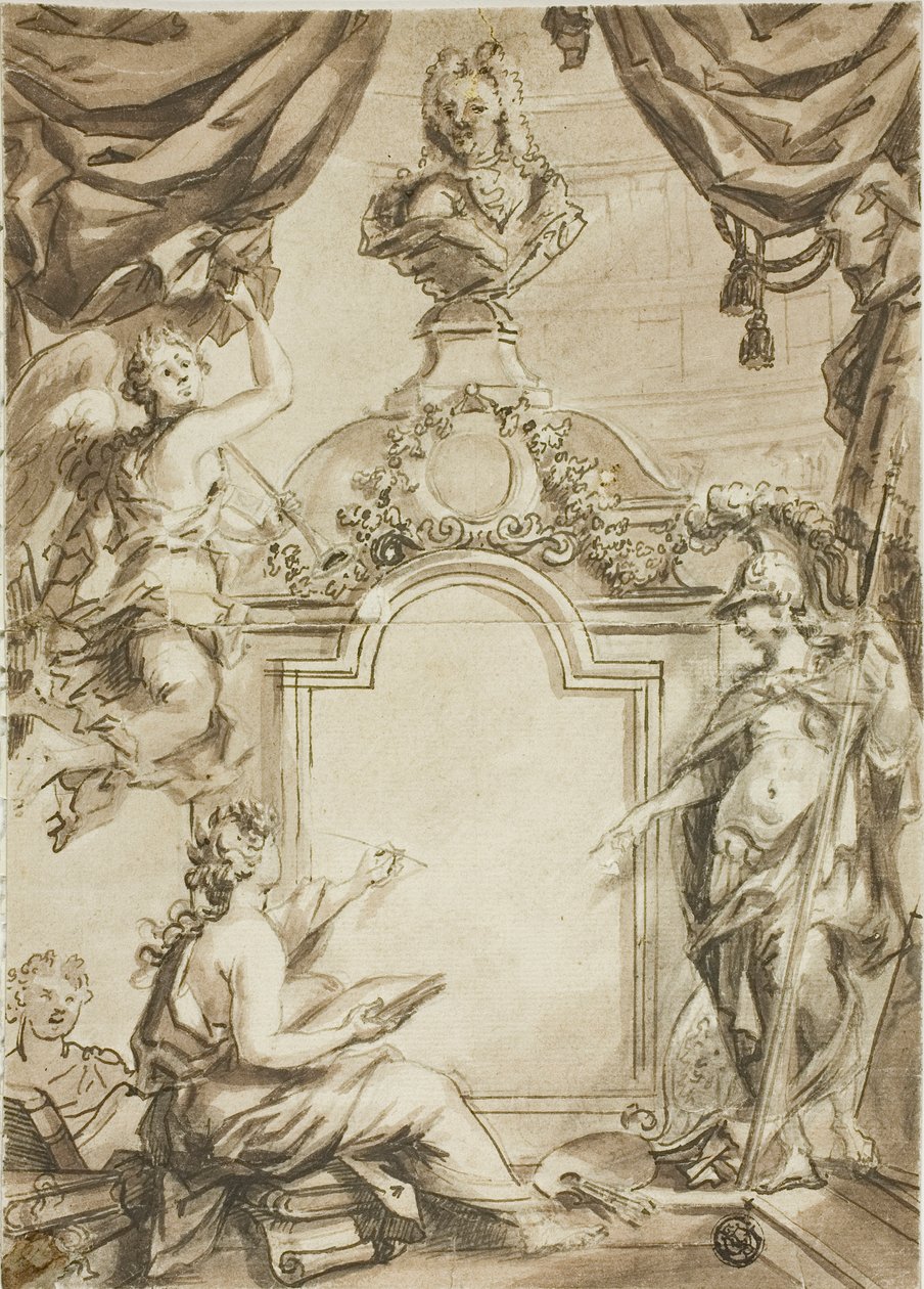 Ontwerp voor titelpagina: Clio neemt dictee af van Minerva door Gerard de Lairesse